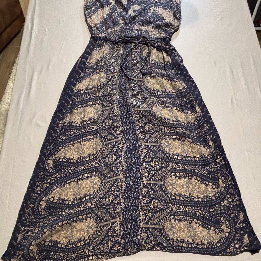 Lucky Brand Paisley Dress Womens Large Navy Blue Gold Boho Maxi Tie Waist India